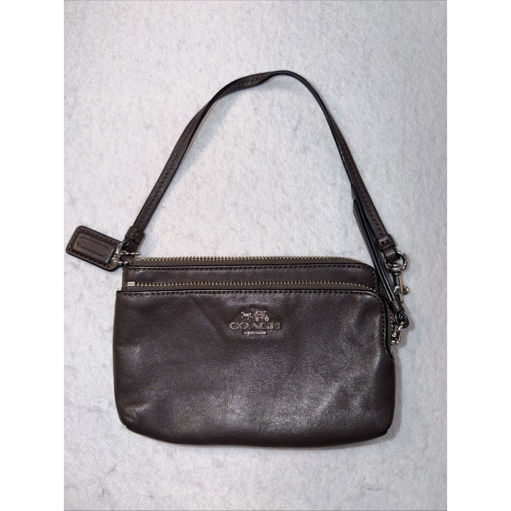 Coach Chocolate Brown Silver Front‎ Logo Leather 2 Compartment Wristlet